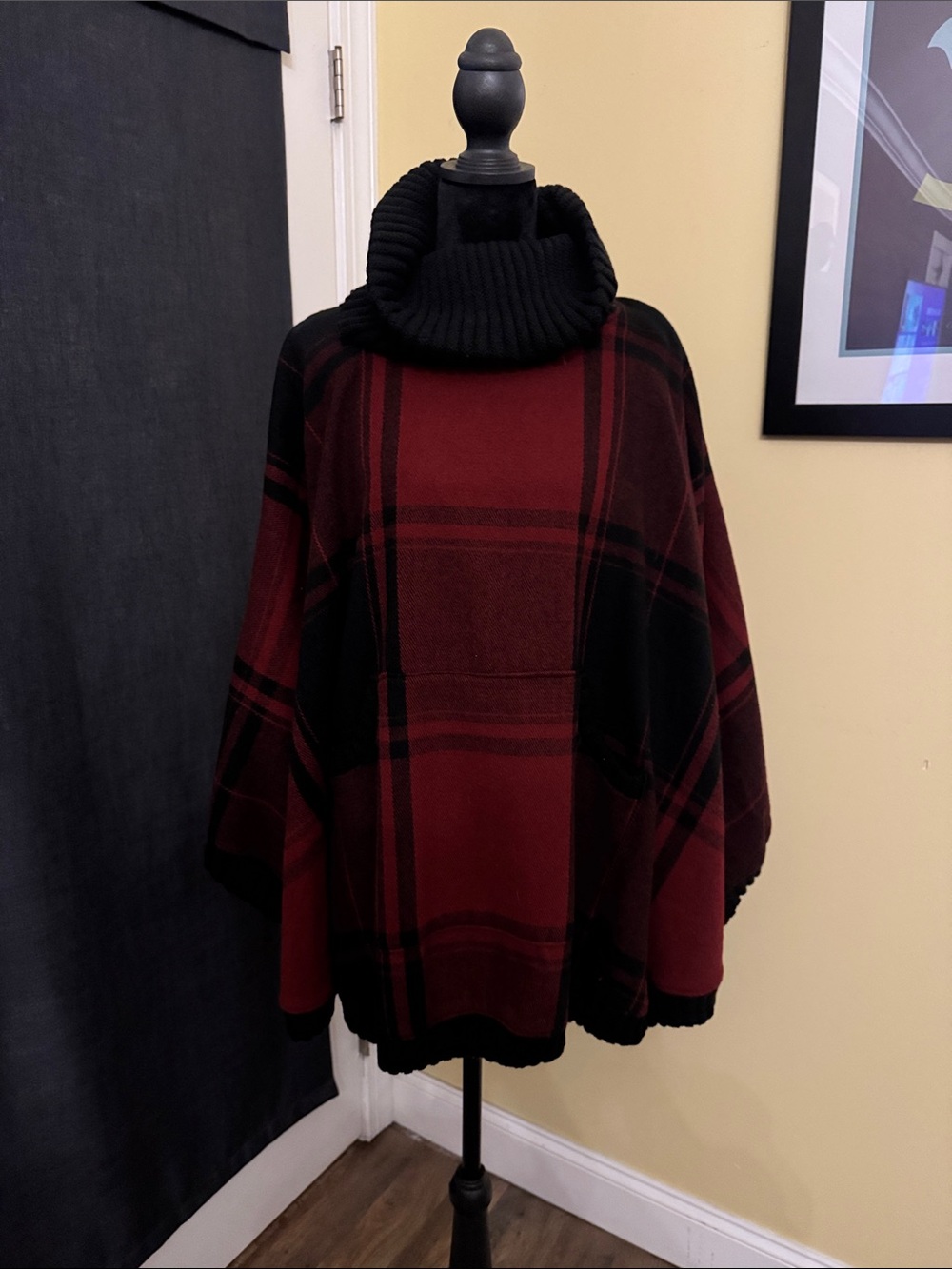 Charlie Paige Black & Burgundy Plaid Cowl Neck Poncho Sweater